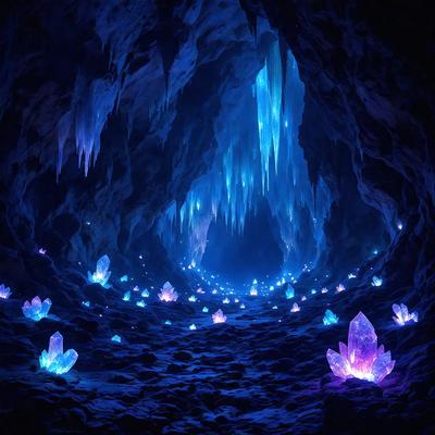 The primary subject of the image is a cave with a blue light illuminating it. The setting is a dark cave with a blue glow, creating a unique and captivating atmosphere. The visual style of the image is a combination of photo and digital art, giving it a surreal and otherworldly appearance. The dominant colors are blue and purple, which contribute to the overall mood of the scene.